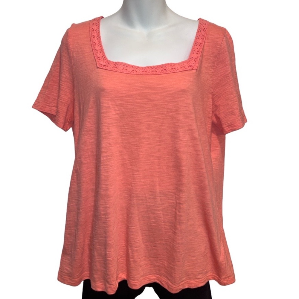 Talbots tee shirt salmon size large. Square neck with crochet detail